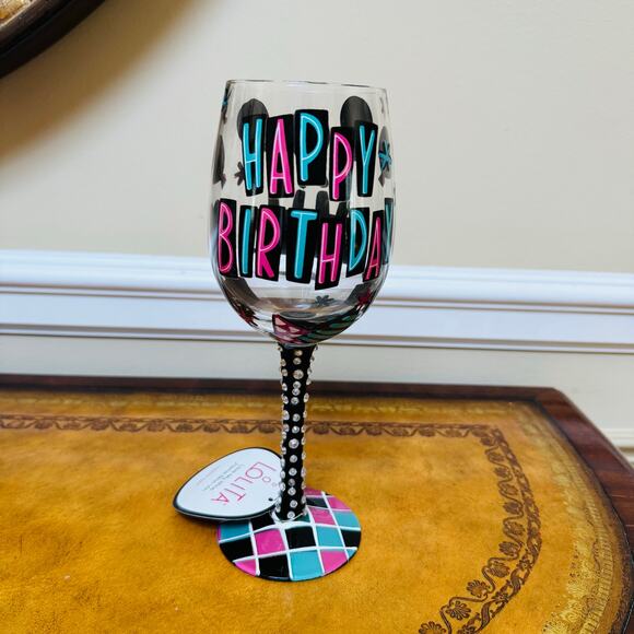 Lolita Happy Birthday Balloons Cake Rhinestone Handpainted Wine Glass 15 oz NEW - Picture 2 of 9